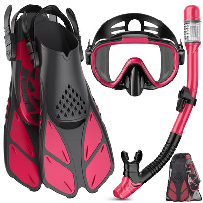 Ubekezele Snorkeling Gear for Adults Men Women,4 in 1 Snorkel Set with Panoramic View Diving Mask Anti-Fog Anti-Leak,Dry Top Snorkel,Fins and Travel Bag for Swimming,Snorkeling and Travel Diving