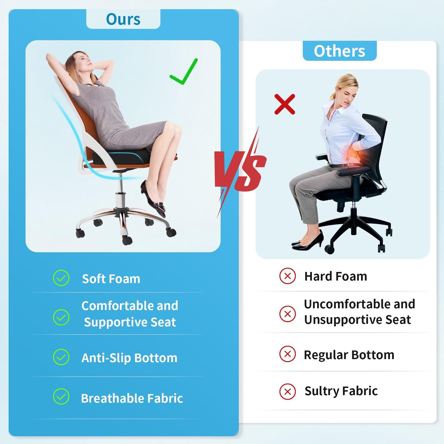 TranquilRelax Large Seat Cushion, Soft Foam Cushion for Long Sitting Hours on Office Chair, Home & Car, Non-Slip Chair Pad for Relieving Back & Sciatica & Hip & Coccyx Pain (Black)