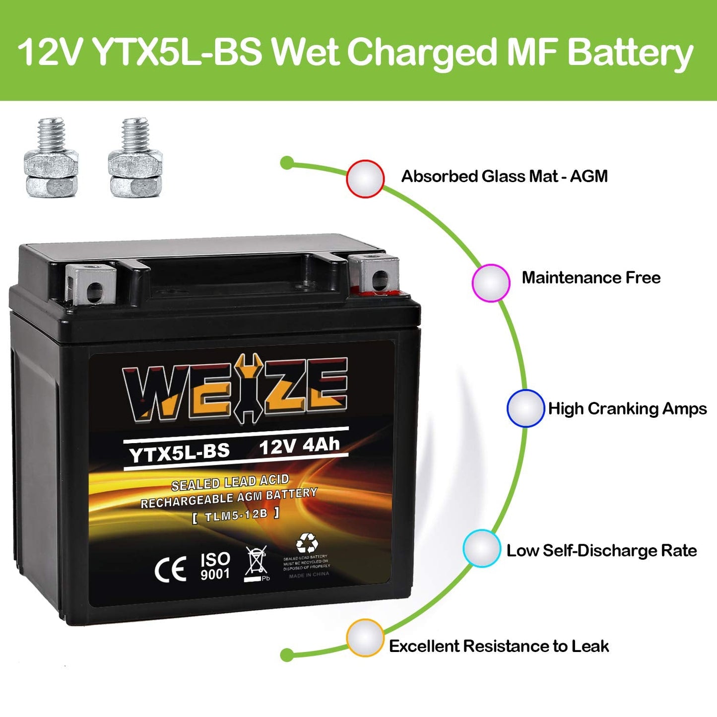 Weize YTX5L-BS High Performance - Maintenance Free - Sealed AGM Motorcycle CTX5L Battery compatible with Honda YUASA Yamaha ETX5L-BS Batteries