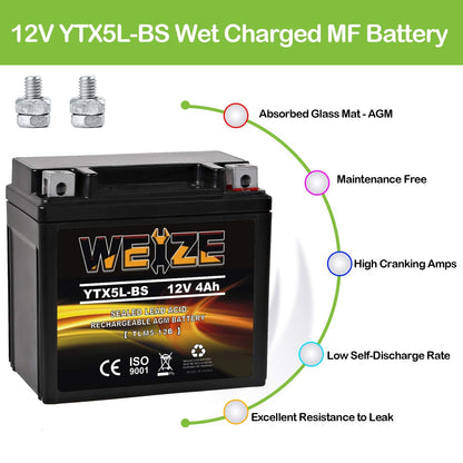 Weize YTX5L-BS High Performance - Maintenance Free - Sealed AGM Motorcycle CTX5L Battery compatible with Honda YUASA Yamaha ETX5L-BS Batteries