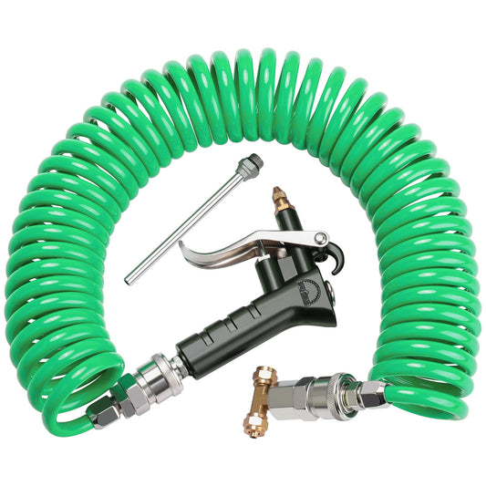Boeray Heavy Duty Truck Air Duster Blow Gun Cleaning with 9 Meter Long Coil and 2 interchangeable nozzle tips- Green Air Seat Blow Gun Kit