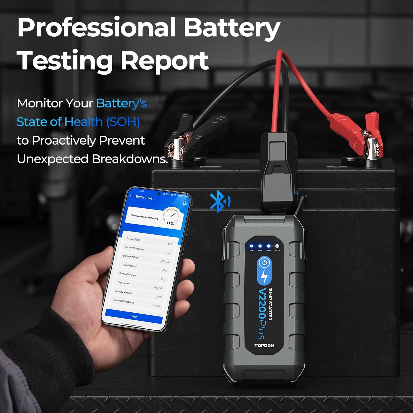 Car Battery Jump Starter and Battery Tester TOPDON 2-in-1 2200A Peak Jump Starter for Up to 8L Gas/6L Diesel Engines 12V Portable Booster and Tester