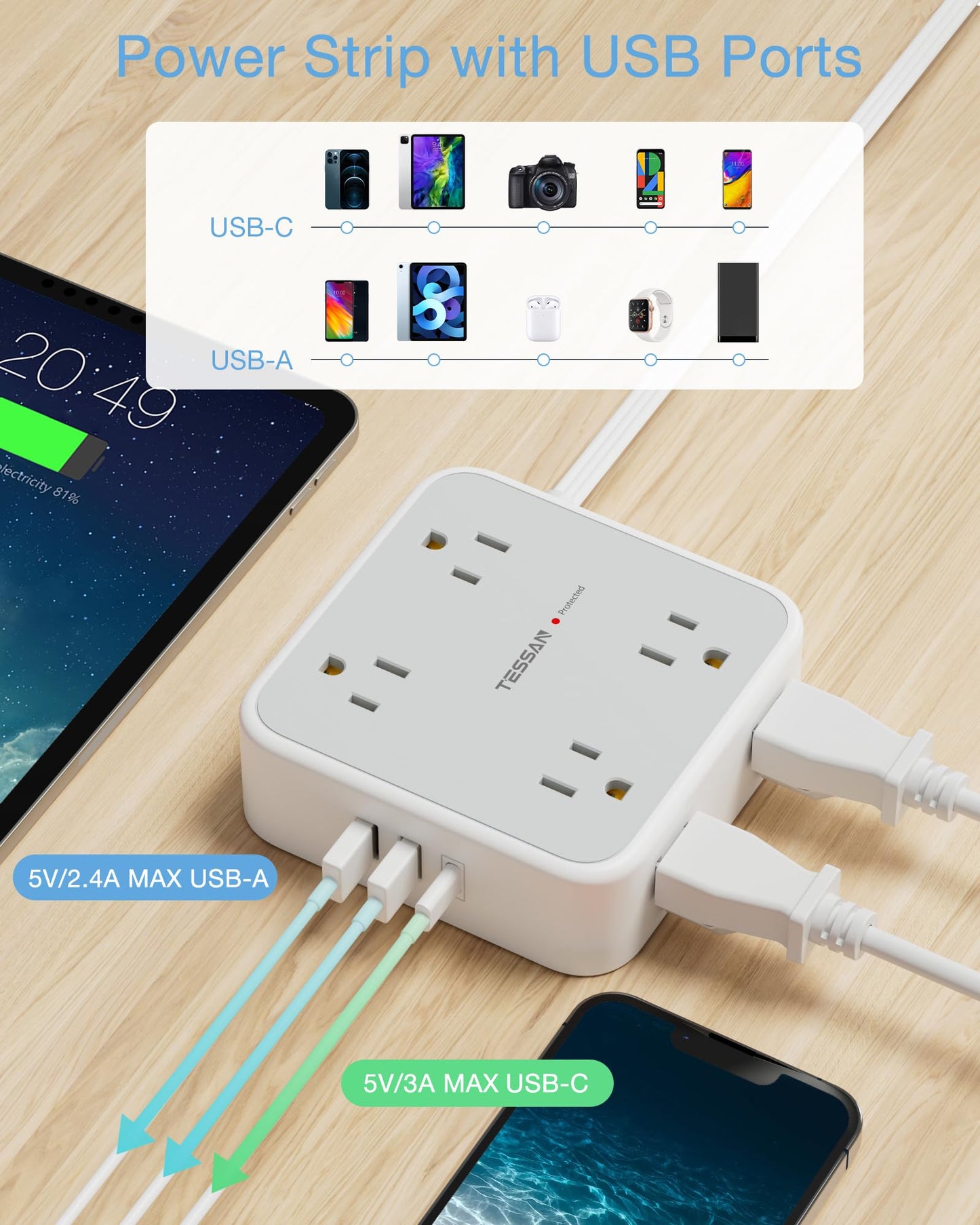 TESSAN Surge Protector Flat Extension Cord Flat Plug Power Strip, 8 AC Outlets, 3 USB Charger(1 USB C Port) 3 Sided Outlet Extender, 5 Ft, 900 Joules Protection, Office Supplies, Dorm Room Essentials