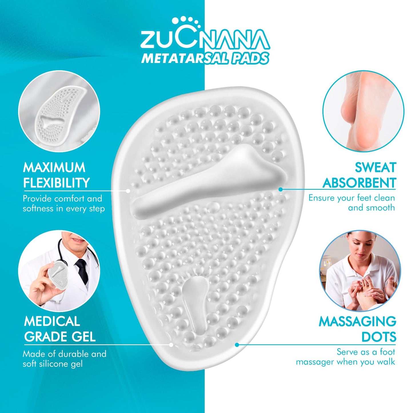 ZUCNANA Ball of Foot Cushions (2 Pairs Gel Shoe Inserts), Heel Inserts for Women, Non Slip Heel Pads, Heel Cushions for Women Foot Pain Relief and Comfort, One Size Fits Any (Clear)