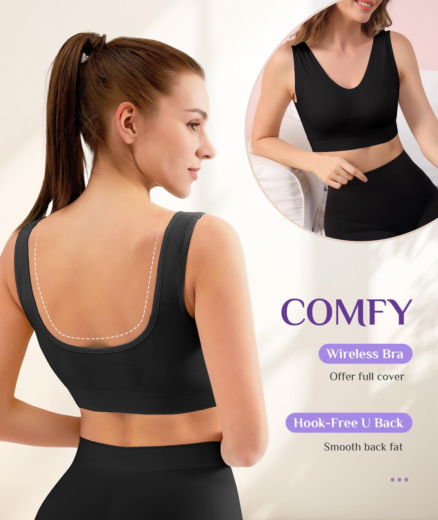 YADIFEN 3 Pack Womens Sports Bras，Wireless Comfortable Seamless Sleep Yoga Sports Bras for Women with Removable Pads