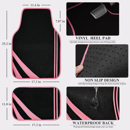 CAR PASS Car Seat Covers Full Set for Women Girls with Waterproof Car Floor Mats,Anti-Slip Leather Steering Wheel Cover,Universal Fit for SUVs,Vans,Trucks,Sedans,Cars (Combo Set,Black & Pink)