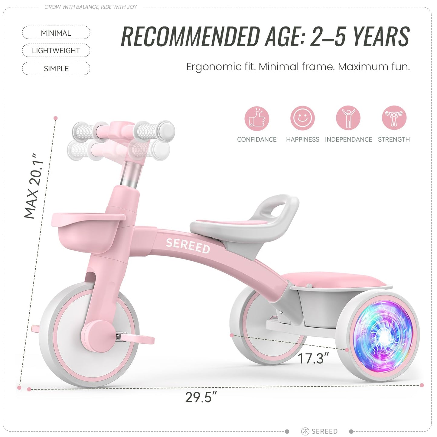 SEREED Colorful Lighting Toddler Tricycle for 2-5 Years Old Girls, Adjustable Seat&Handlebar Trike, Removable Basket, Birthday Gift Idea for Kids Ages 2+ (Pink)