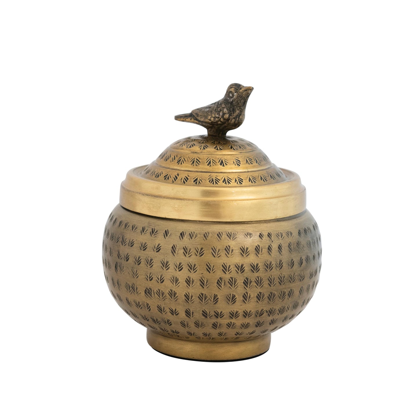 Creative Co-Op Round Hammered Metal Container with Bird Finial, Brass Finish