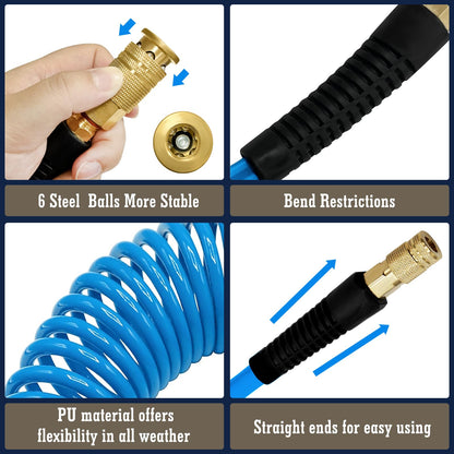 1/4 in x 50 ft Polyurethane Air Hose with Bend Restrictor, Air Compressor Hose with 1/4 Solid 100% Pure Copper Quick Connect Fittings and I/M Plug Kit, Coiled PU Air Hose 1/4", Blue