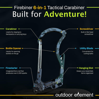 Firebiner 6-in-1 Fire-Starting Carabiner EDC Emergency Multitool -Keychain,Utility Blade,Bottle Opener,& More-Camo Gray