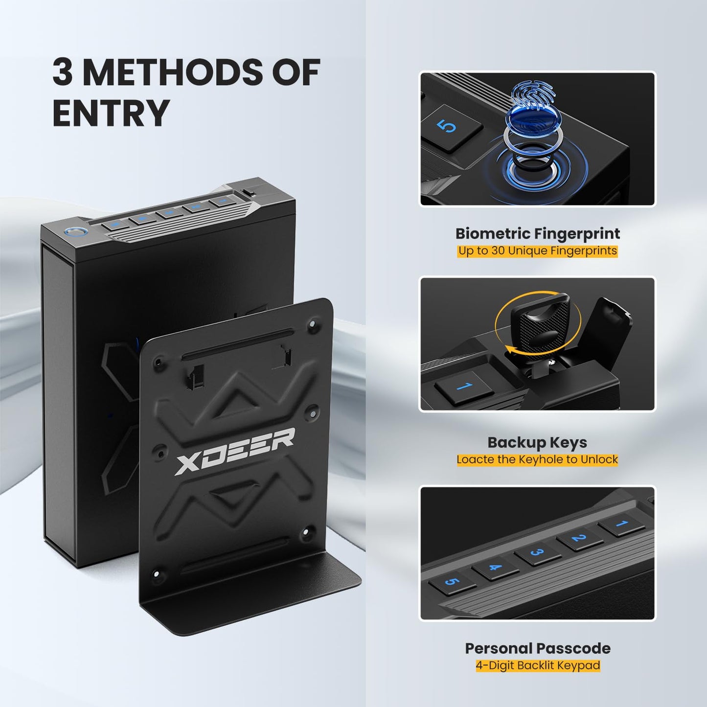 Biometric Gun Safe for Nightstand, Desk, Bedside Mounted, Auto Open Pistol Safe, Drawer Handgun Safe with Internal LED light, Silent mode, Quick Access Gun Lock Box with Fingerprint, PIN Code, Key