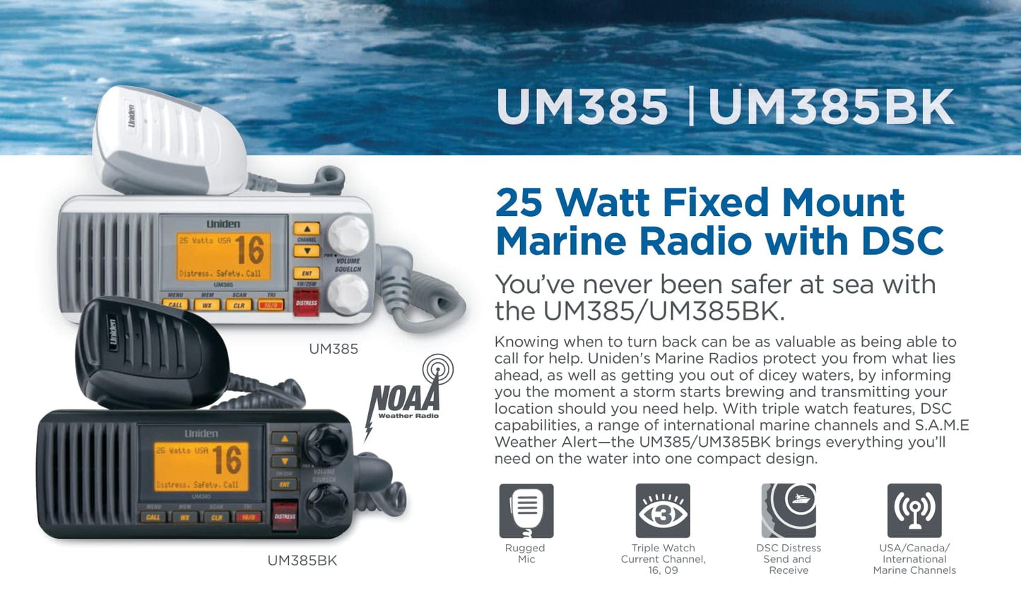 Uniden UM385 25 Watt Fixed Mount Marine Vhf Radio, Waterproof IPX4 with Triple Watch, Dsc, Emergency/Noaa Weather Alert, All Usa/International/Canadian Marine Channels, Memory Channel Scan, White