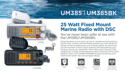 Uniden UM385 25 Watt Fixed Mount Marine Vhf Radio, Waterproof IPX4 with Triple Watch, Dsc, Emergency/Noaa Weather Alert, All Usa/International/Canadian Marine Channels, Memory Channel Scan, White
