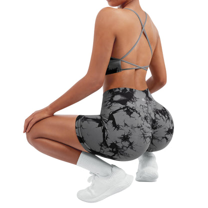 SUUKSESS Women Seamless 2 piece Workout Sets Strappy Padded Sports Bra Booty High Waisted Shorts Outfits (Black Grey,L)