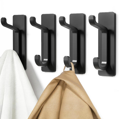 Wall Hooks for Coat and Towel: 13LB Adhesive Door Hanger Stick on, Black 4 Pack