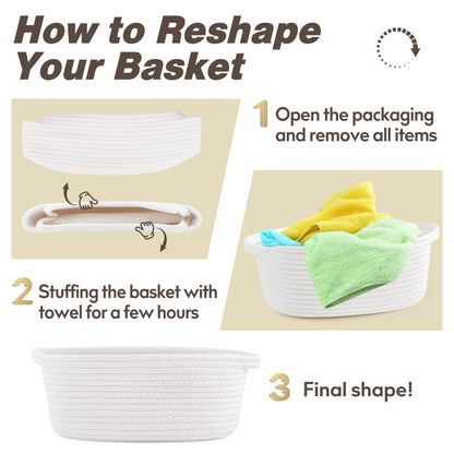 Pro Goleem Small Woven Basket with Gift Bags and Ribbons Durable Baskets for Halloween Gifts Empty Small Rope Basket for Storage 12"X 8" X 5" Baby Toy Baskets with Handles, White