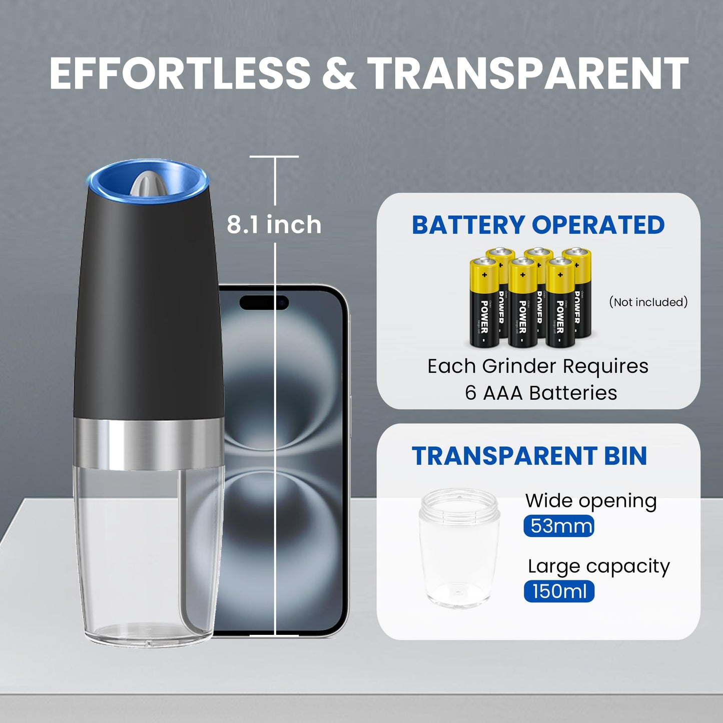 UNNEES Gravity Electric Salt and Pepper Grinder set of 2, Automatic Salt And Pepper Grinder Set, Adjustable Roughness, Battery Powered, LED Light, 2 Pack, (Black)