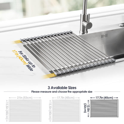 Tomorotec 17.7" x 12.5" Roll Up Dish Drying Rack Over Sink Drying Rack Sink Cover Kitchen Sink Accessories Gadget Multipurpose Organizer Foldable Stainless Steel Drainer