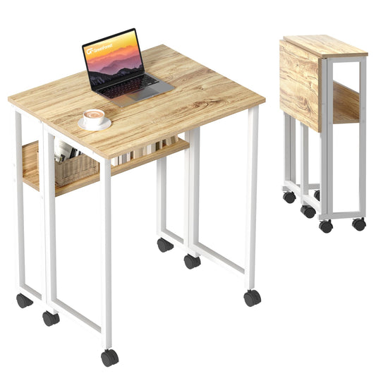 GreenForest Folding Desk Small Rolling Desk with Storage Shelf,24.8 inch Foldable Computer Desk with Wheels for Small Space,Easy Assembly,Oak