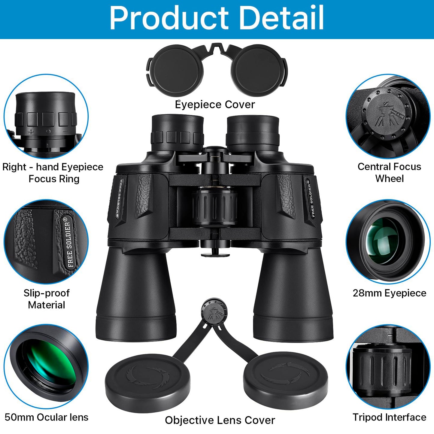 20x50 High Power Binoculars for Bird Watching 28mm Large Eyepiece Life Waterproof Binoculars for Hunting Hiking Concert Travel with Smartphone Adapter BAK4 Prism FMC Lens, Black