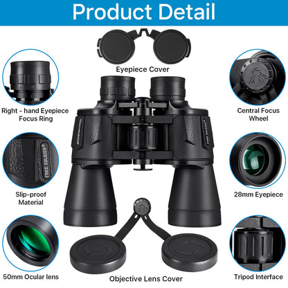 20x50 High Power Binoculars for Bird Watching 28mm Large Eyepiece Life Waterproof Binoculars for Hunting Hiking Concert Travel with Smartphone Adapter BAK4 Prism FMC Lens, Black