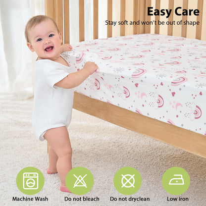 FIEMOL Baby Crib Sheets Girl, 3 Pack Toddler Bed Sheets Fitted for 52”x28” Standard Crib and Toddler Mattresses, Super Soft Microfiber Pink Rainbow