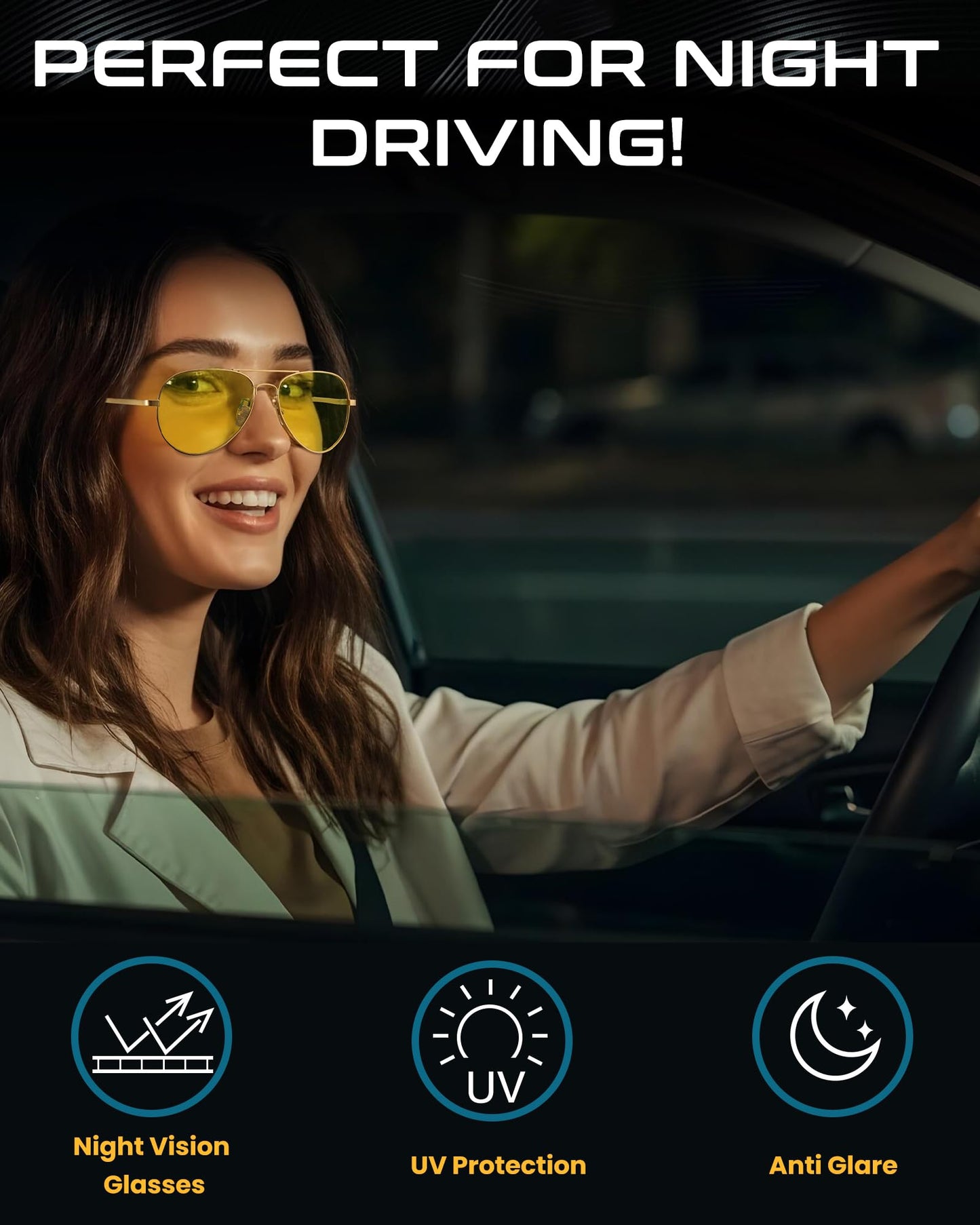 SODQW Aviator Night-Driving Glasses, Night-vision Goggles Anti Glare Polarized Yellow Lens, Fashion Safety Glasses (Gold Frame/Yellow Night-Driving Glasses)