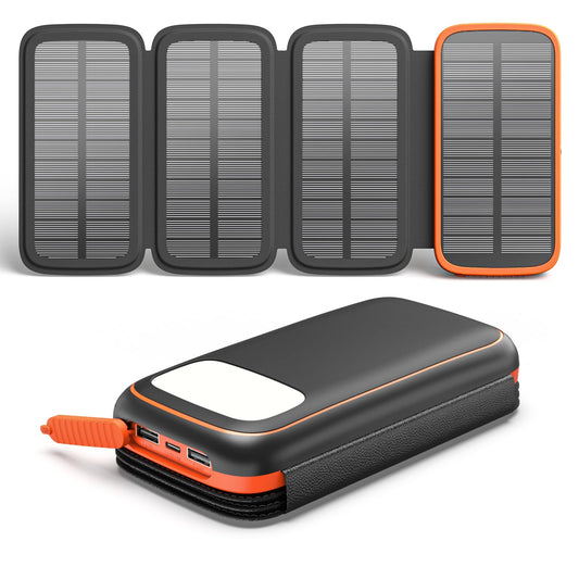 CONXWAN Solar Charger Power Bank – 27000mAh USB C Solar Phone Charger with 3 USB Outputs with 4 Foldable Solar Panels Battery Pack Charger Compatible with Most Smart Phone