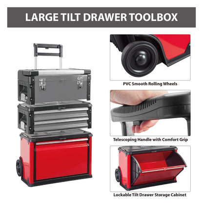 BIG RED TRJF-C305ABD Torin Garage Workshop Organizer: Portable Steel and Plastic Stackable Rolling Upright Trolley Tool Box with 3 Drawers, 20.5" L x 12.6" W x 28.4"
