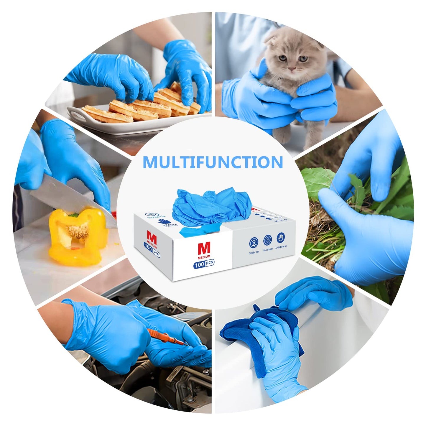 squish Disposable Gloves, Blue 4 mil Vinyl Synmax Blend Exam Gloves Non Sterile, Powder Free, Latex Free - Cleaning Supplies, Kitchen and Food Safe(Pack of 100) (Blue Medium)