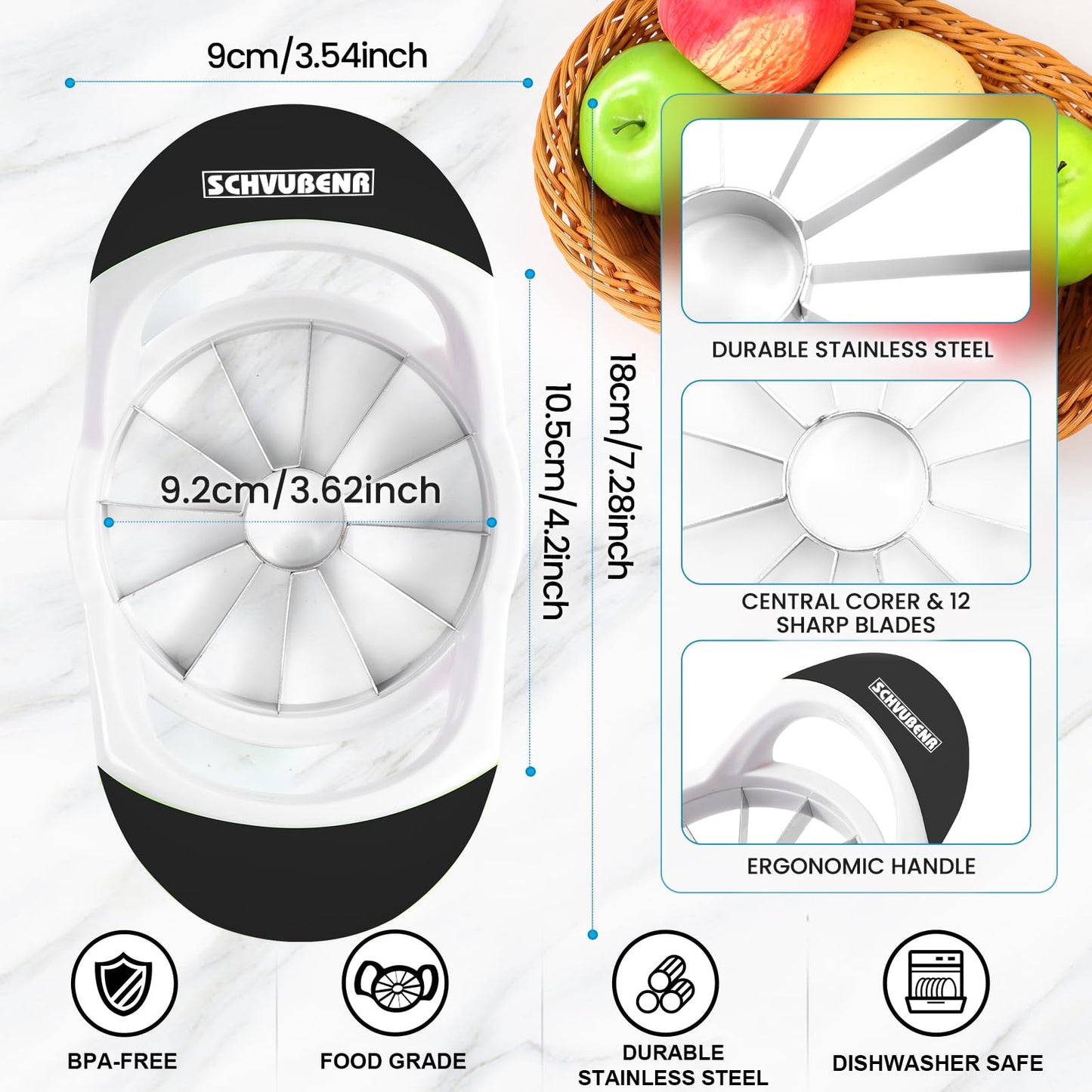 SCHVUBENR 3.5 Inch Apple Slicer with 12 Sharp Blades - Professional Apple Cutter - Stainless Steel Apple Corer - Super Sharp Apple Slicer and Corer - Slice Apple with Ease(Black)