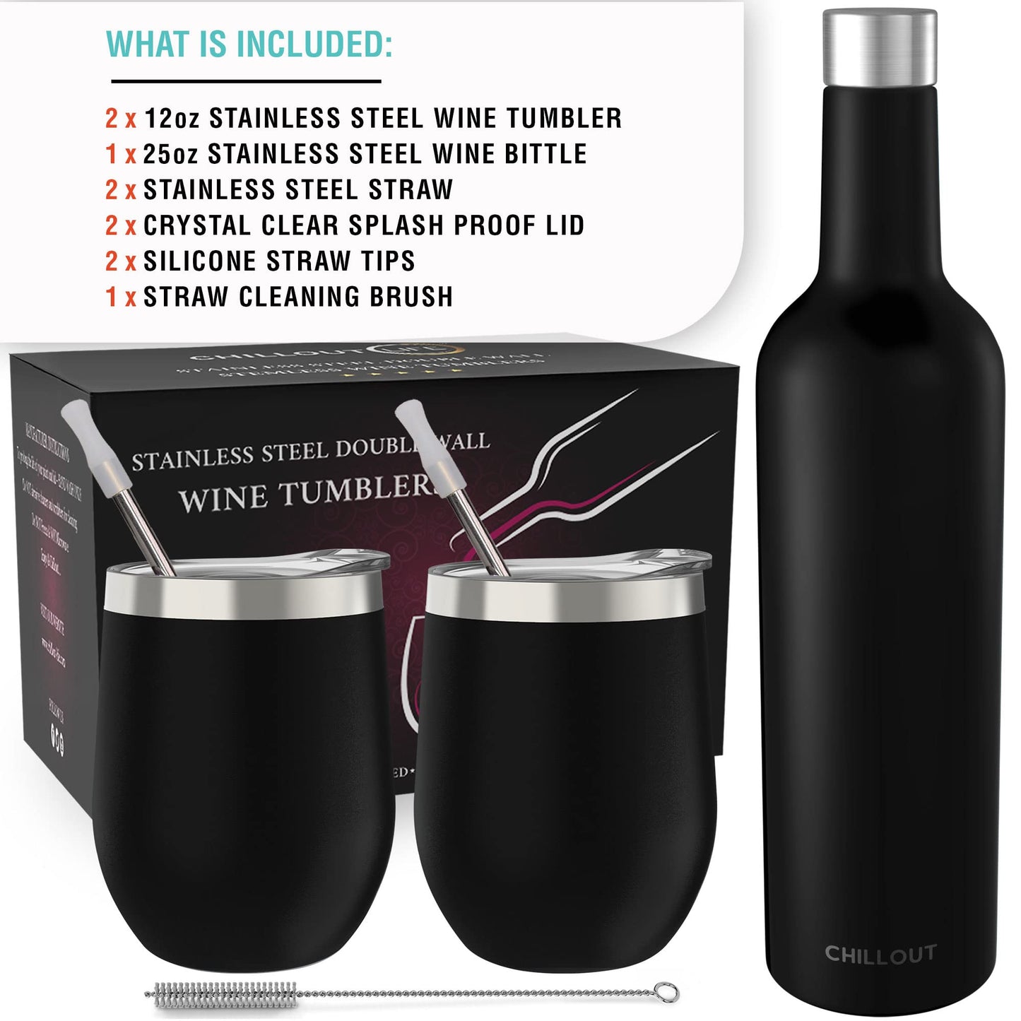 CHILLOUT LIFE Stainless Steel Wine Tumblers 2 Pack 12 oz & 1 Insulated Wine Bottle - Double Wall Vacuum Insulated Wine Cups with Lids and Straws Set - Black