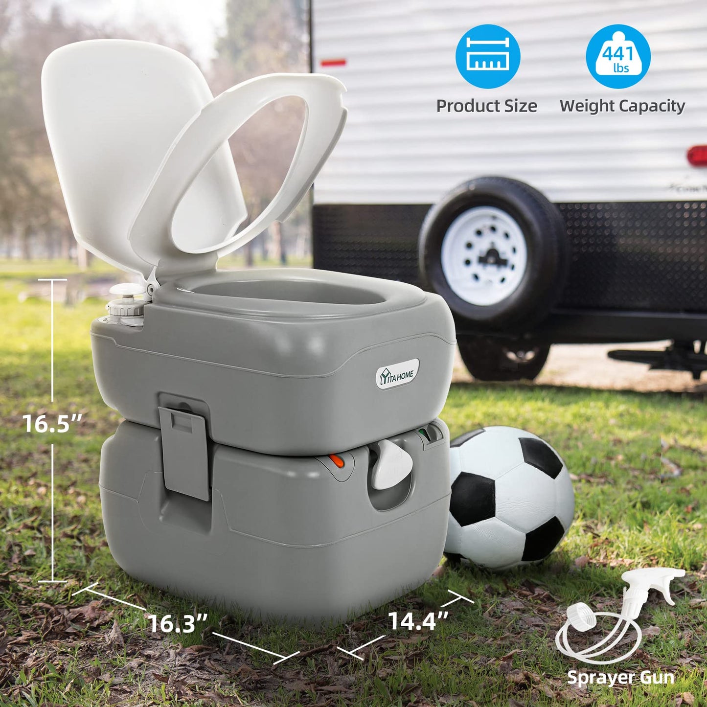 YITAHOME Portable Toilet Camping Porta Potty 5.8 Gallon with Carry Bag and Hand Sprayer, Leak-Proof Indoor Outdoor Toilet with Level Indicator, Handle Pump, for RV Travel, Boat and Trips