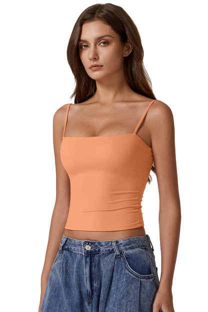 QINSEN Women Basic Spaghetti Straps Cami Shirt Summer Y2K Going Out Double Lined Sexy Tank Top Amber Yellow XS