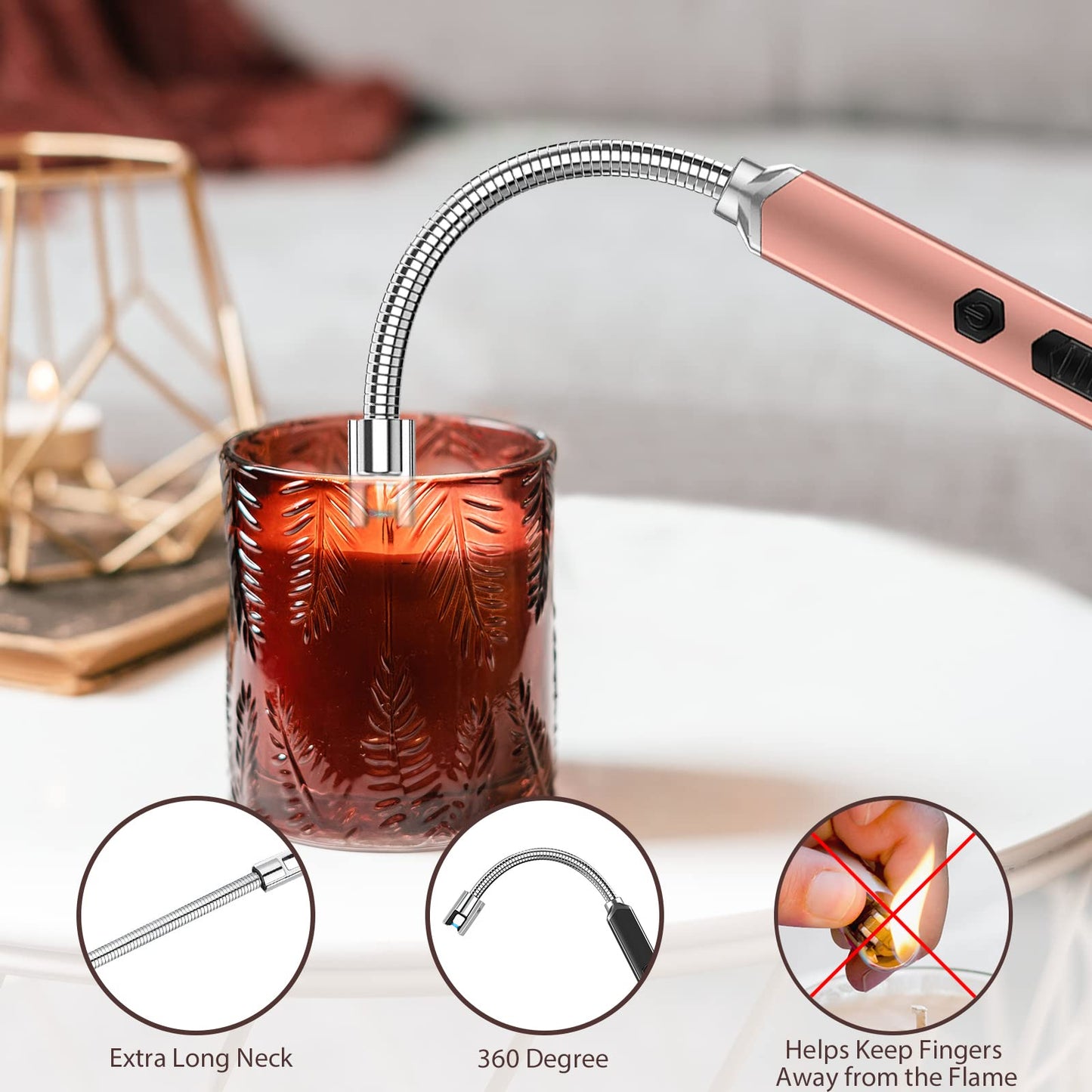 Electric Candle Lighter Long Flexible Neck Windproof Flameless USB Rechargeable Plasma Arc Lighter for Grill Firework Kitchen Camping (Black&Rose Gold)
