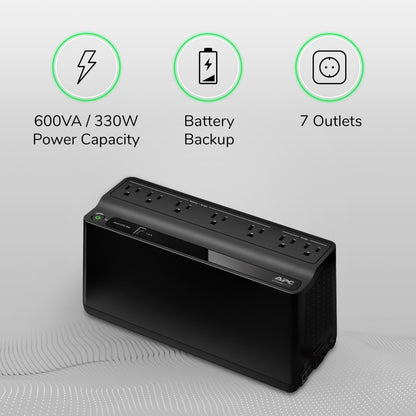 APC UPS Battery Backup and Surge Protector, 600VA/330 Watts Backup Battery Power Supply, BE600M1 Back-UPS with USB Charger Port