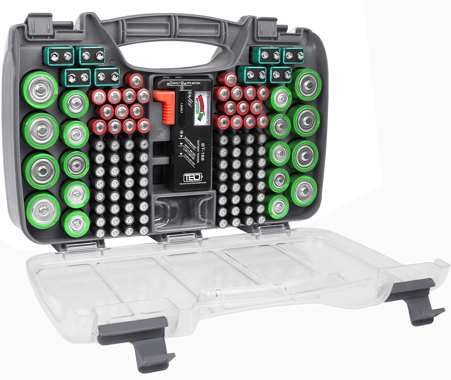 The Battery Organizer, Battery Storage Organizer Hinged Clear Cover with Locking Lid, Holds 180 Batteries, Includes a Removable Battery Tester, Holder for Garage Organization, Charcoal