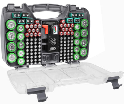 The Battery Organizer, Battery Storage Organizer Hinged Clear Cover with Locking Lid, Holds 180 Batteries, Includes a Removable Battery Tester, Holder for Garage Organization, Charcoal