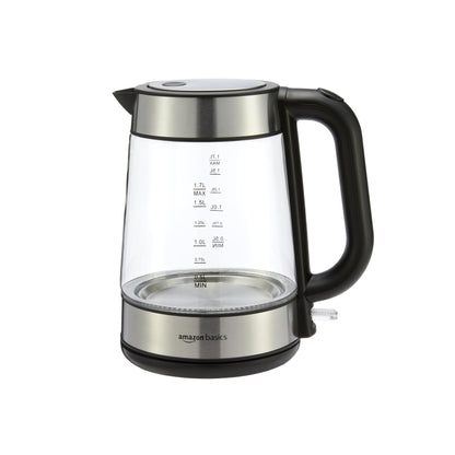 Amazon Basics Electric Kettle with Glass Carafe for Tea and Coffee, BPA-Free, Fast Boiling, Auto Shut-Off, 1.8 Quarts, 1500W, Black and Silver