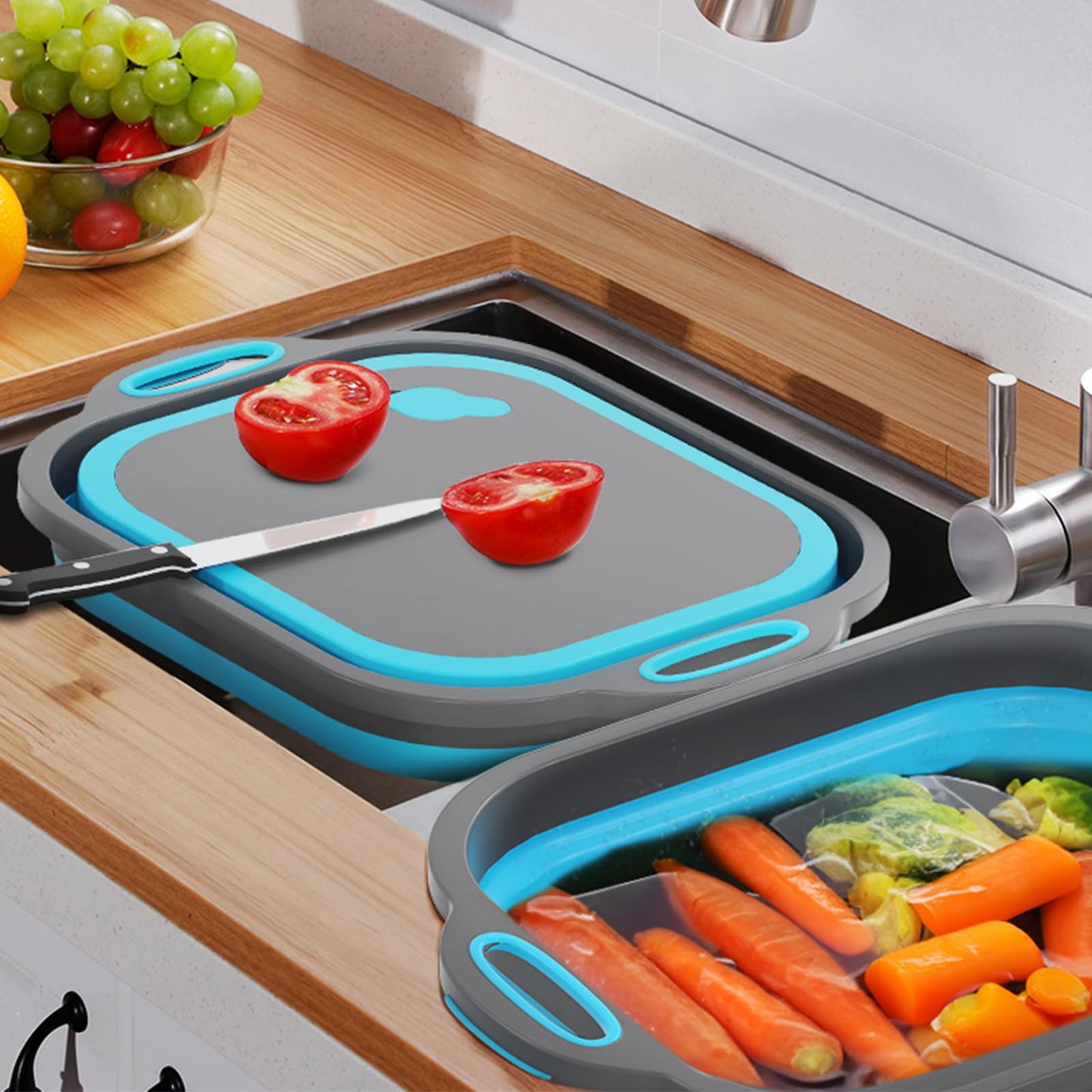 Collapsible Cutting Board,HI NINGER Camping cutting board with knife,Multifunctional Kitchen Vegetable Washing Basket Silicone Dish Tub for Camping Kitchen essentials/bbq prep tub/rv accessories