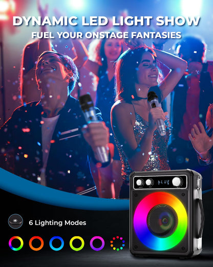 VOSOCO Karaoke Machine, Portable Bluetooth Karaoke Speaker with 2 Wireless Microphones, PA System for Adults Kids with LED Lights, Supports FM/AUX/USB/TF for Home Party