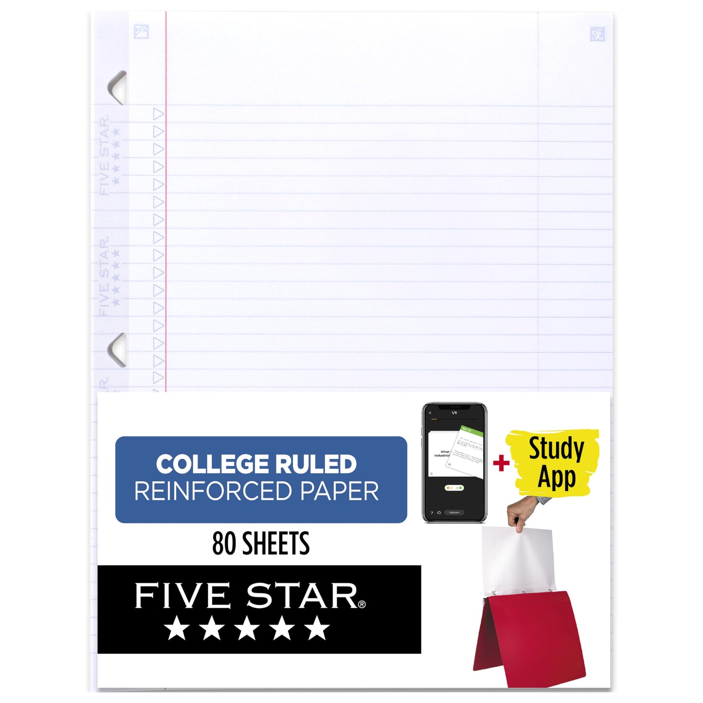 Five Star Loose Leaf Paper + Study App, College Ruled Filler Notebook Paper, Reinforced, Fights Ink Bleed, 8-1/2" x 11", 80 Sheets (170102)
