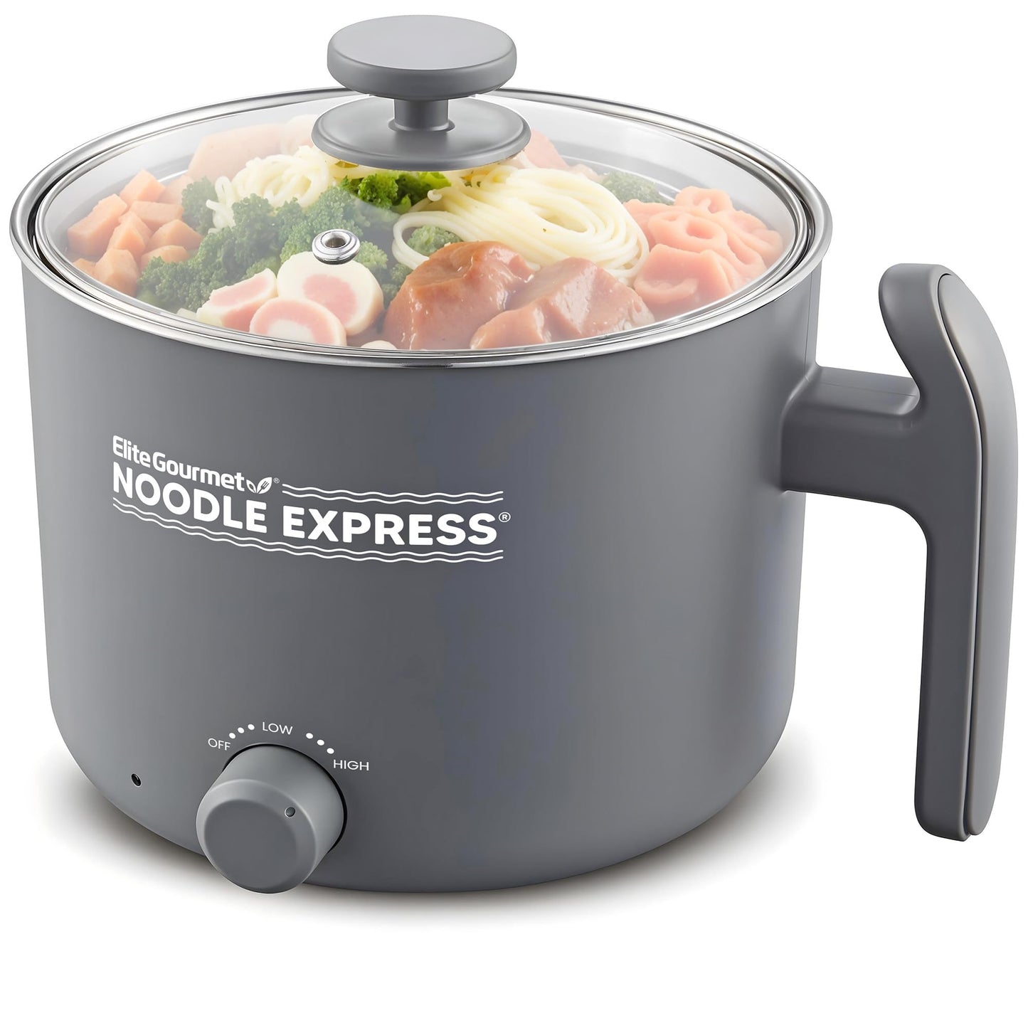 Elite Gourmet NOODLE EXPRESS™ Hot Pot, Prepare Ramen, Rice, Soups, Stews, Boil Water, Stainless-Steel Interior, Glass Lid, High/Low/Off Settings, Grey