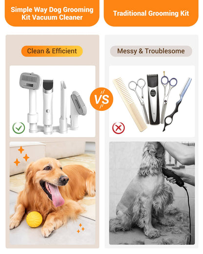 Dog Vacuum Grooming Kit for Shedding: Professional Hair Clippers Pet Groomer - Strong Suction Cleaner Deshedding Tool Fur Brush Attachment Trimmer for Home Cat (Deep White)