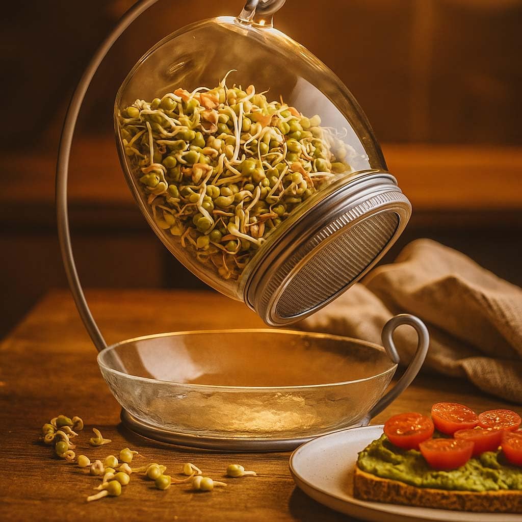 ALCEDIA Premium Sprouting Jar Kit - Unique 30 oz Wide Mouth Sprouting Jar, Stand, Tray and 316 Stainless Screen Lid | Decorative Indoor Seed Sprouter and Germinator (1 Kit)