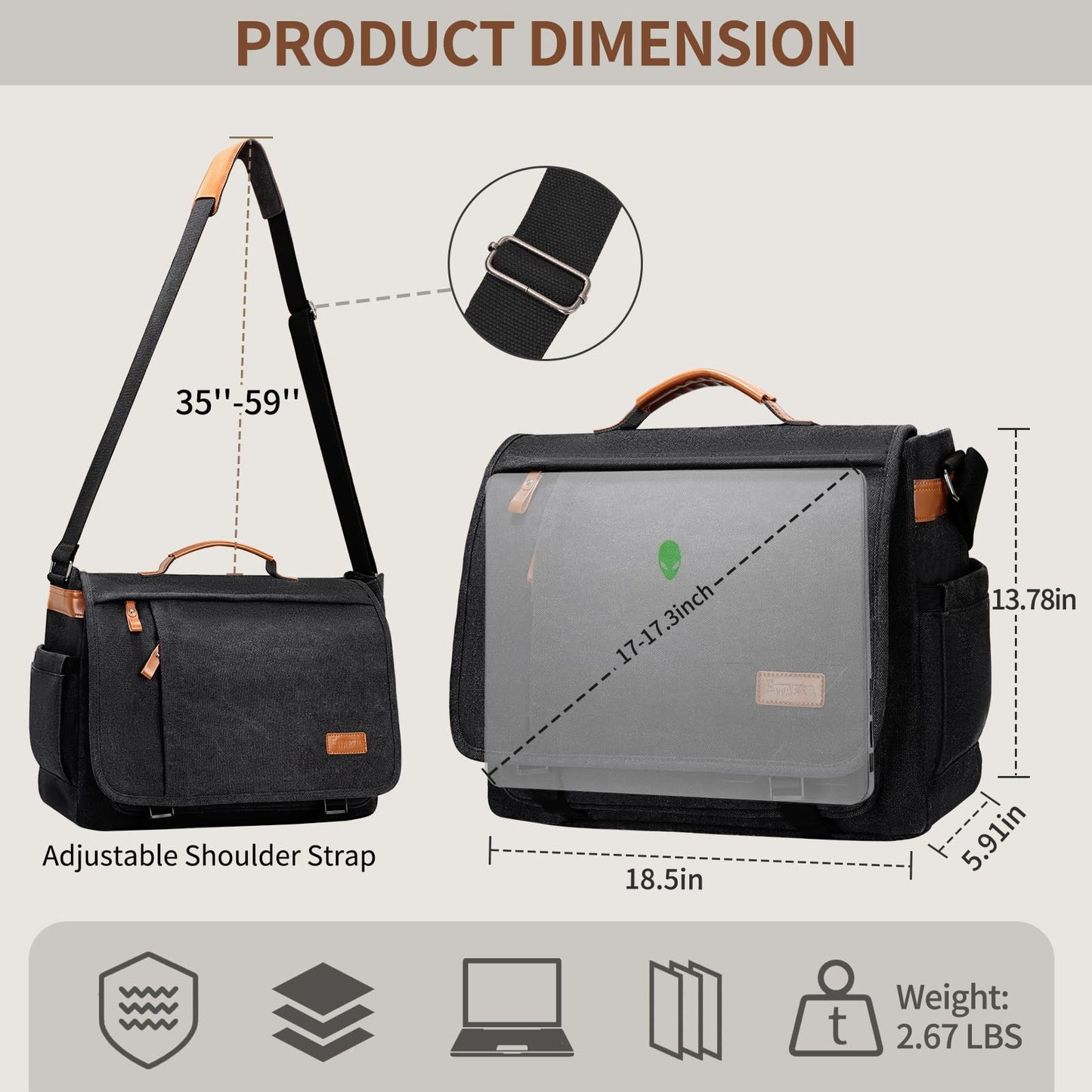 ESTARER Men's Messenger Bag 17.3 Inch Upgraded, Water-resistant Canvas Laptop Bag, Computer Shoulder Bag for College Travel Work, Dark Grey