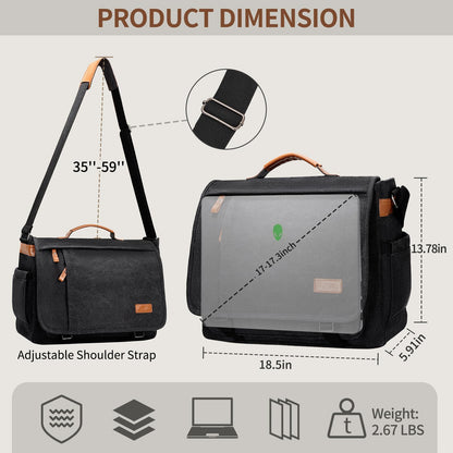 ESTARER Men's Messenger Bag 17.3 Inch Upgraded, Water-resistant Canvas Laptop Bag, Computer Shoulder Bag for College Travel Work, Dark Grey