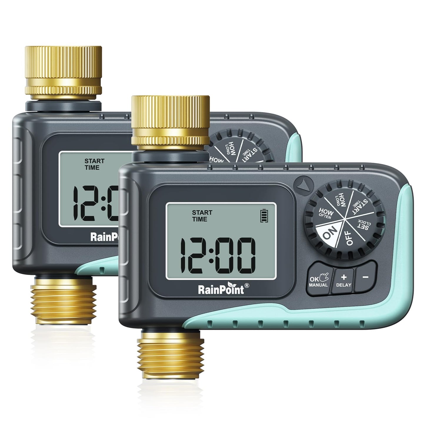 RAINPOINT Sprinkler Timer with Brass Inlet & Outlet, Programmable Hose Timer for Garden Soaker Hose with Rain Delay/Manual Watering System, Digital Drip Irrigation for Yard, Lawn(2PCS)