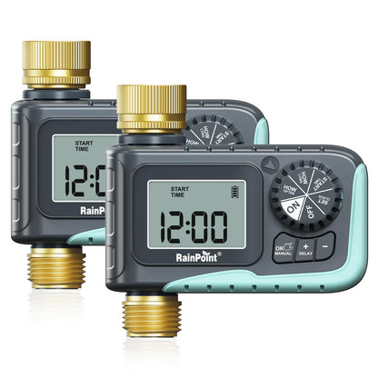 RAINPOINT Sprinkler Timer with Brass Inlet & Outlet, Programmable Hose Timer for Garden Soaker Hose with Rain Delay/Manual Watering System, Digital Drip Irrigation for Yard, Lawn(2PCS)
