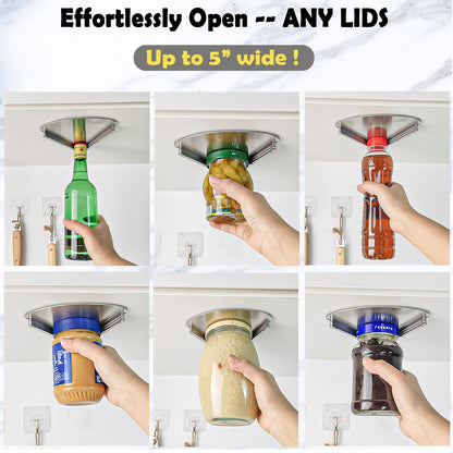 Upgraded Stainless Steel Jar Opener for Seniors, Under Cabinet Jar Openers for Weak Hands, Jar Lid & Bottle Cap Opener Tool, Under Counter Can Opener, One Handed Jar opener